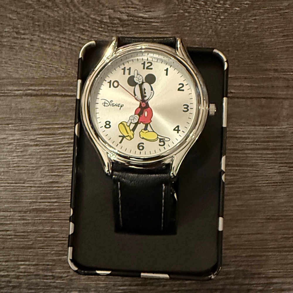Vintage Disney Mickey Mouse Silver Watch with Black Band NEW